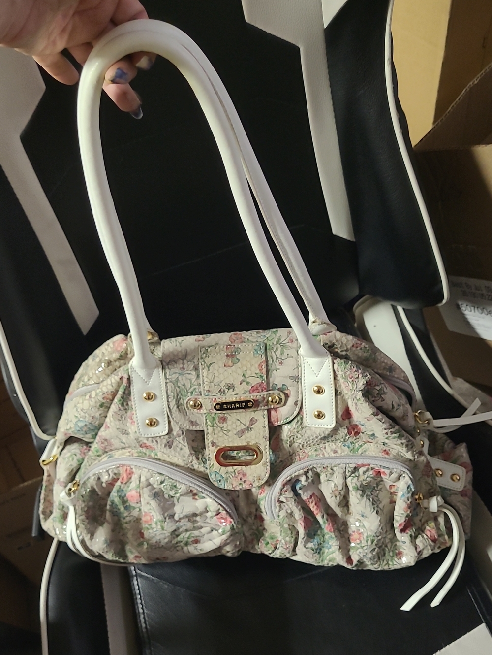 Sharif Studio Floral Quilted Satchel Bag with White Handles